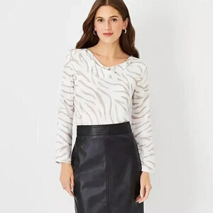 Ann Taylor Draped Neck Animal Print Top Beige White Long Sleeve Sz XL